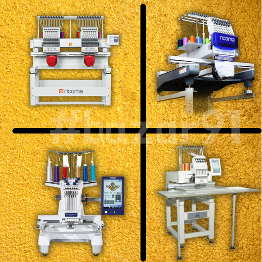 Advertisement for commercial embroidery machines sale with four machine images on a yellow background.
