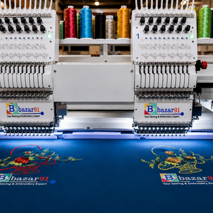 Bazar91 Double Head 12 Needle Computerized Embroidery Machine – Flat Bed Industrial Embroidery Machine for Boutique & Custom Embroidery