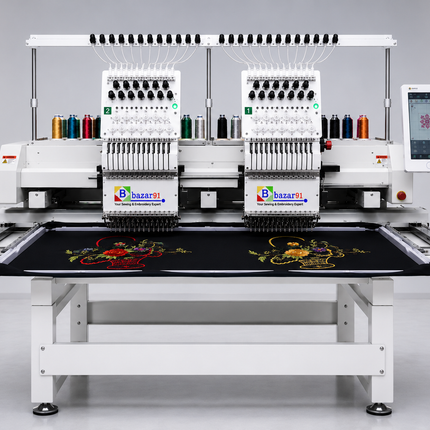 Bazar91 Double Head 12 Needle Computerized Embroidery Machine – Flat Bed Industrial Embroidery Machine for Boutique & Custom Embroidery