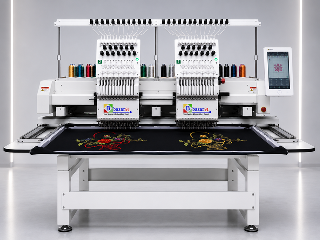 Bazar91 Double Head 12 Needle Computerized Embroidery Machine – Flat Bed Industrial Embroidery Machine for Boutique & Custom Embroidery