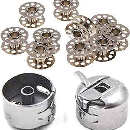 Mancloem Metal Sewing Machine Bobbins (Multicolour, 10 Bobbins and 1 Bobbin Case)