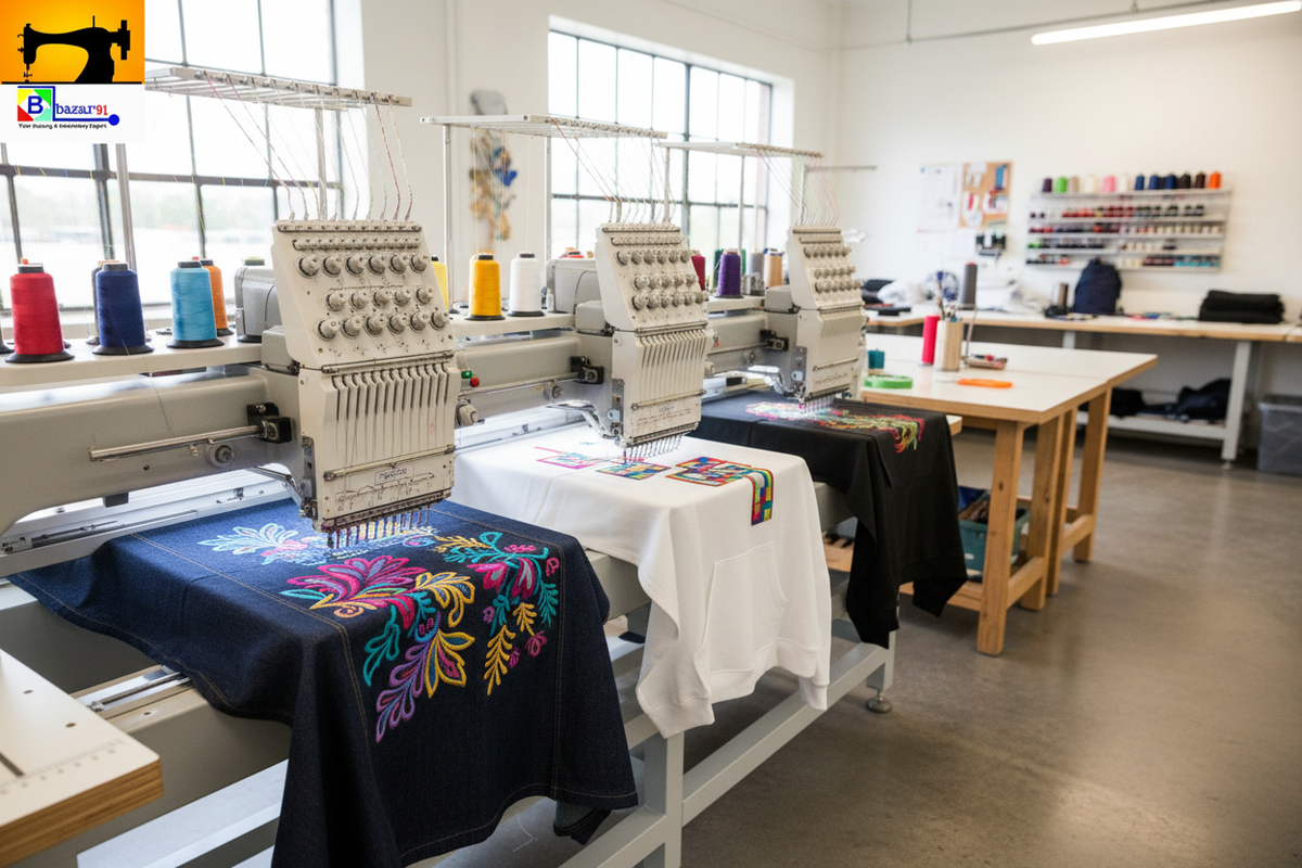 Professional embroidery machines in action