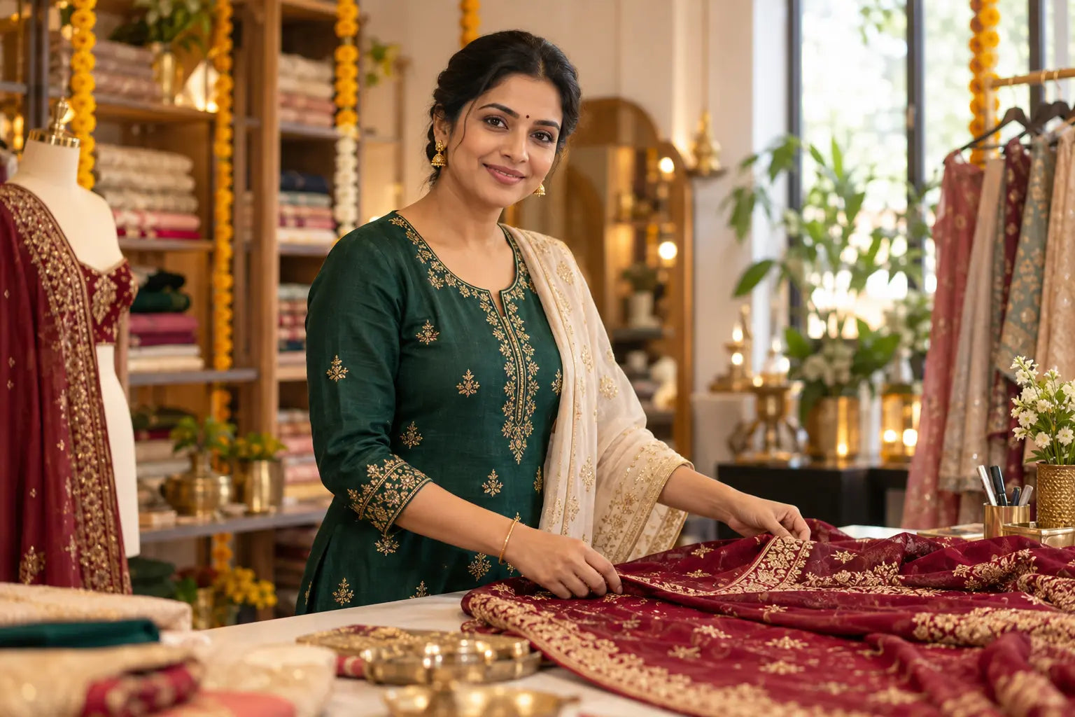 Indian-style festive campaign: a model in an emerald kurta arranging embroidered fabric in a boutique studio.