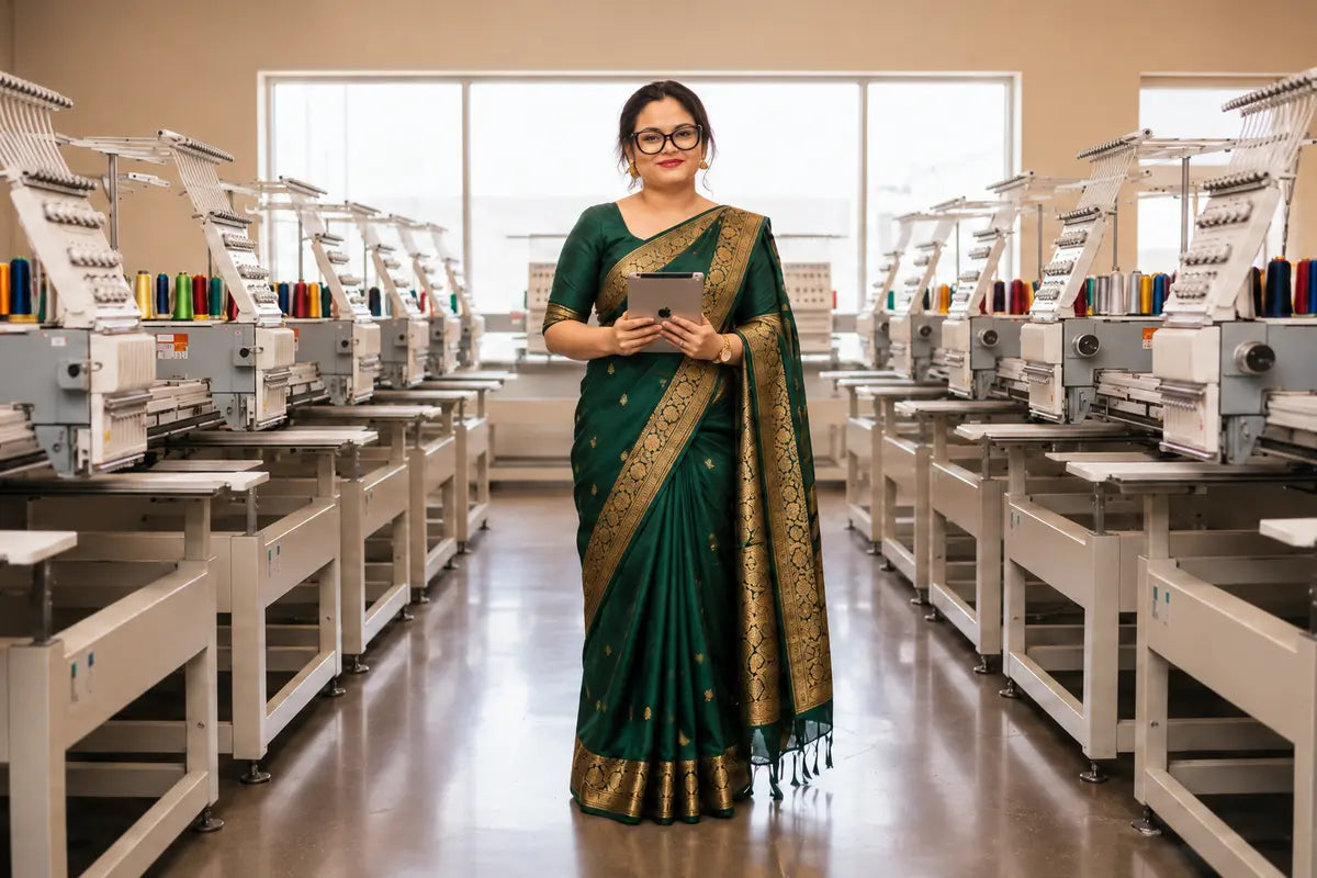 Illustrative embroidery showroom scene with a model in an emerald saree